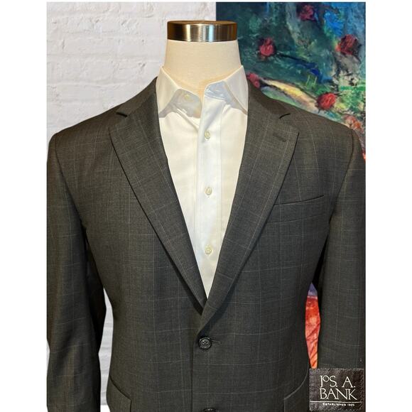 Jos A Bank Mens 44R 36x29 Gray Windowpane Plaid 2 Piece Suit Set - Picture 3 of 16